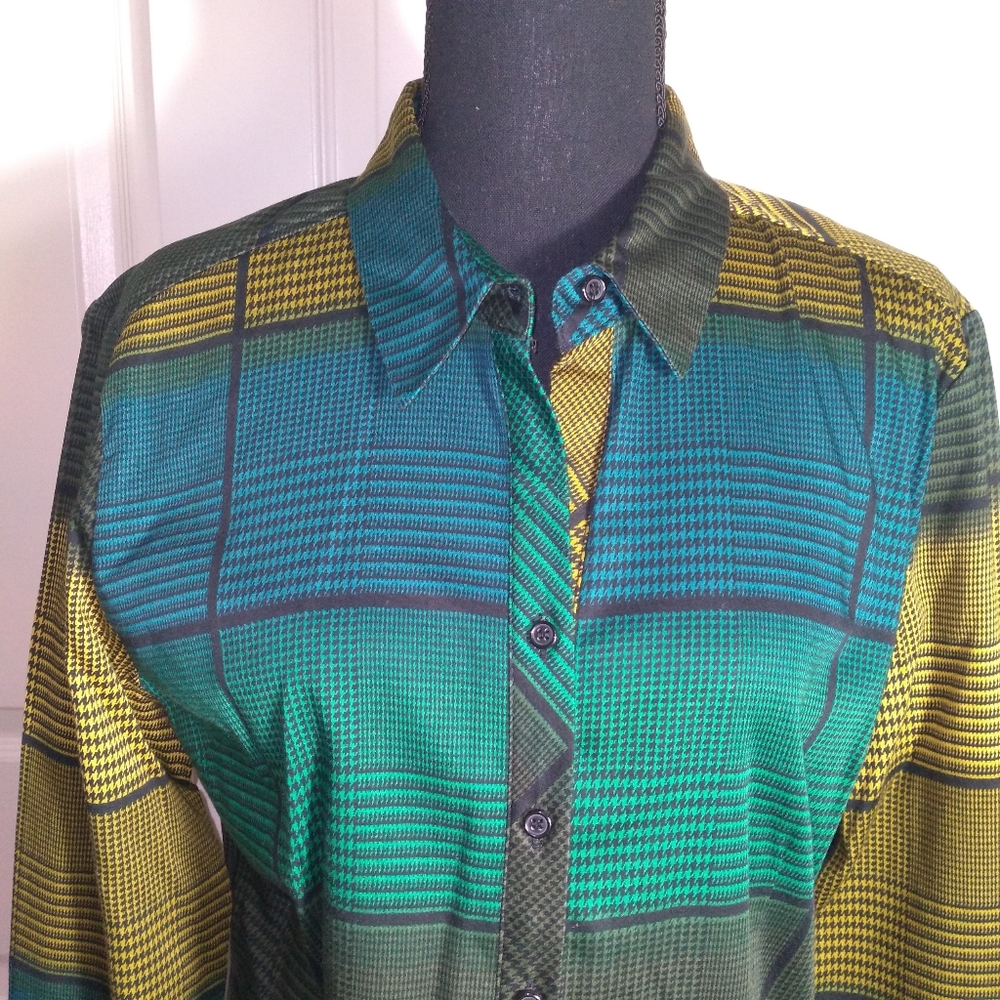 7TH AVENUE DESIGN STUDIO Womans Plaid Button-Up Shirt in Green and Yellow- L - Picture 3 of 10